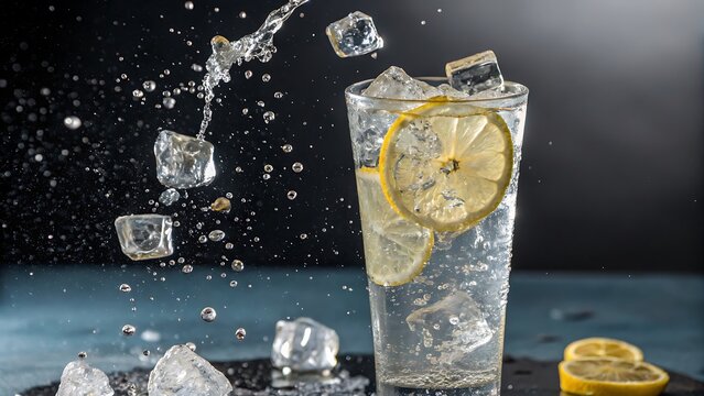 Tall glass of refreshing lemon water ideal for beverage advertisements, summer promotions, health articles, and lifestyle blog posts. Fresh and invigorating concept.