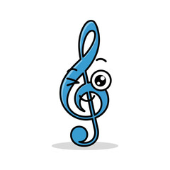 Cute blue treble clef character with big eye isolated on white background is smiling happily