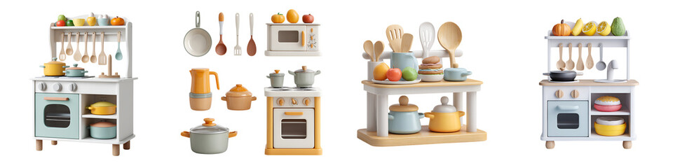 Variety of Wooden Play Kitchens and Accessories on White Background