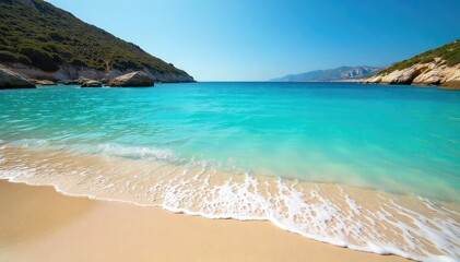 Sun-drenched Greek beach, turquoise waters lapping golden sand  Perfect summer escape, idyllic coastal scene, crystal clear sea  Serenity, relaxation, vacation, paradise found ,  sunshine,  golden