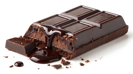 Dark chocolate bar with dripping melt, sweet indulgence for dessert menu, advertising luxury chocolate brand or food blog header.