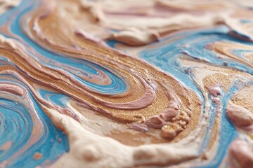 A close-up view of a swirling abstract painting, featuring a blend of pastel and gold tones, creating a mesmerizing texture.