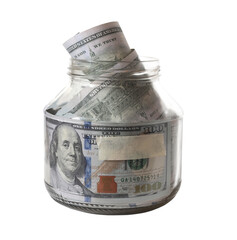 Dollar bills in glass jar isolated as stupid concept storage money.