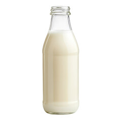 A clear glass bottle filled with fresh. creamy milk stands upright against a plain white background. ideal for food and beverage photography. purity and freshness