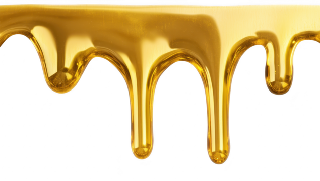 A close-up view of golden honey dripping from a smooth edge. the rich texture and color. with a clean white background enhancing the visual appeal for culinary or natural product use