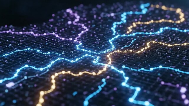 Conceptual Visualization of a Digital Neural Network with Glowing Data Streams.