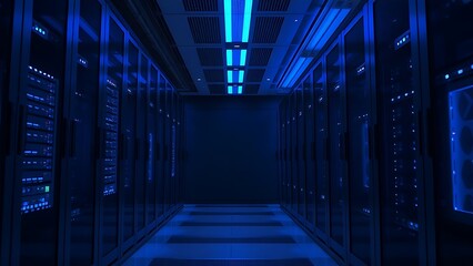 Fototapeta premium Futuristic server room corridor illuminated by blue LED lights, creating geometric light trails.