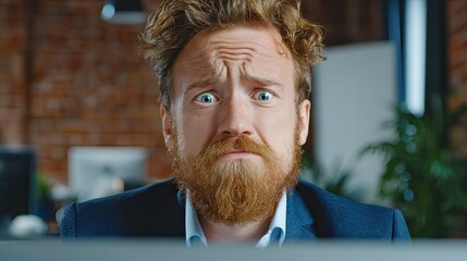 Man with wide eyes looking surprised or shocked at computer screen. Worker reacting to unexpected news or problem in an office.