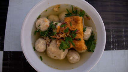 Indonesian Meatball Soup Bakso with Tofu and Fried Shallots