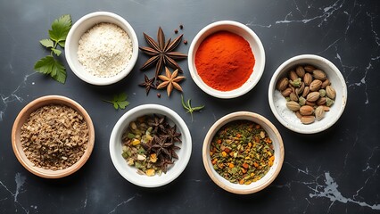 An artistic arrangement of dried herbs and spices in small bowls on a dark marble surface.