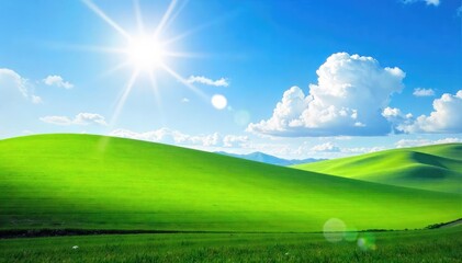 Sunlight streams through fluffy clouds illuminating a vibrant landscape of rolling green hills and a clear blue sky, a picturesque daytime scene , hills, summer