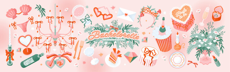 Bachelorette party. Cute vector illustration of bride decor, chandelier with bows, champagne, cake, envelope, glasses, headband, flowers, swimsuit for invitation, greeting card, icons, print, stickers