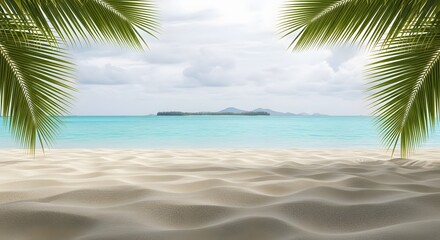 Idyllic Beach Scene: Textured Sand Leading to Tranquil Turquoise Ocean and Distant Island