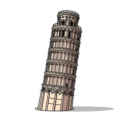 Illustration of the leaning tower of pisa isolated on white background, a famous landmark in italy