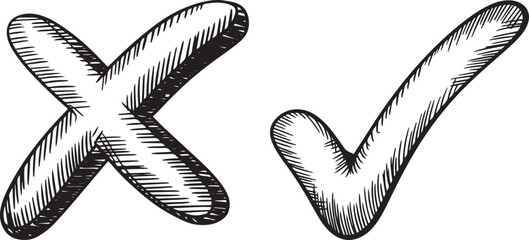 Black and white sketch style illustration of cross and checkmark pair with hand drawn hatching and cross hatching for depth and dimensional effect