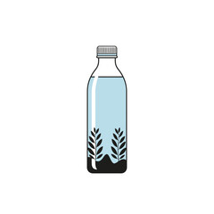 Bottle of water with plant design isolated on white background, representing freshness and hydration