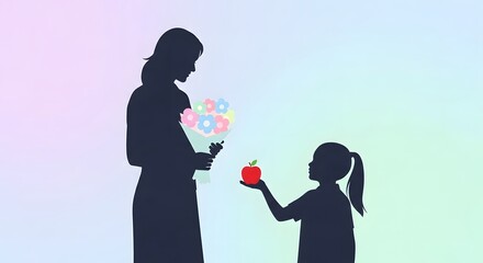 A child gifts a teacher an apple and flowers, symbolizing gratitude and appreciation.