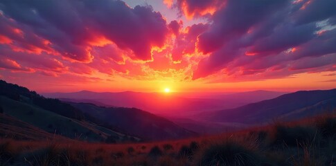 Fototapeta premium Vibrant hues paint the sky as the sun dips below the horizon, casting an unforgettable, fiery glow over a tranquil landscape Perfect for travel, nature, and atmospheric imagery , glowing, tranquil