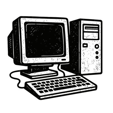 Iconic black and white illustration of a classic vintage desktop computer setup. Features a retro CRT monitor, old-school PC tower, and traditional keyboard, embodying 80s/90s comp