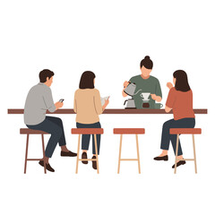 People enjoying coffee at a cafe, with a barista preparing drinks for customers at a counter, creating a relaxed atmosphere