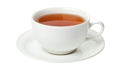 A pristine white cup filled with steaming tea sits on a matching saucer. against a clean white background. evoking a sense of calm and relaxation perfect for a cozy afternoon