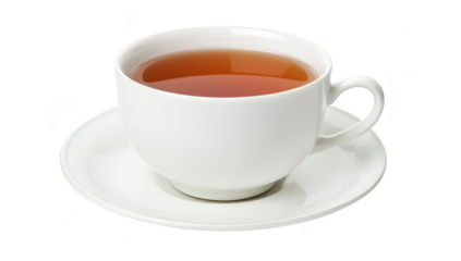 A pristine white cup filled with steaming tea sits on a matching saucer. against a clean white background. evoking a sense of calm and relaxation perfect for a cozy afternoon
