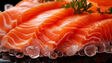 Gros plan et zoom sur des sashimi, tranches de saumon cru finement coupée et marinée. Plat traditionnel japonais, nourriture asiatique. Japon, Asie, sushi et maki. Pour conception, création graphique.