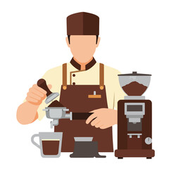 Professional Barista Preparing Coffee with Tamper and Portafilter Illustration