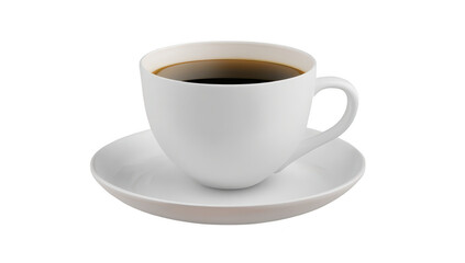 A pristine white coffee cup filled with dark coffee sits elegantly on a matching saucer. against a transparent background. ideal for presentations or culinary-themed designs
