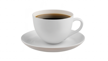 A pristine white coffee cup filled with dark coffee sits elegantly on a matching saucer. against a transparent background. ideal for presentations or culinary-themed designs
