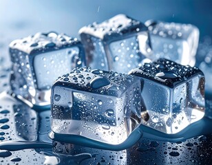 Close-up of ice cubes with water droplets, refreshing macro detail, transparent texture
