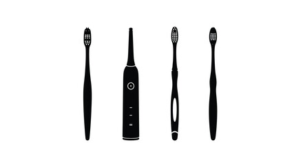 Set of four black toothbrushes and makeup brush variety on vector