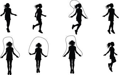 Silhouette girl jumping rope, fitness exercise, healthy lifestyle, child activity, outdoor workout, cardio training, sport fun, active kid skipping rope