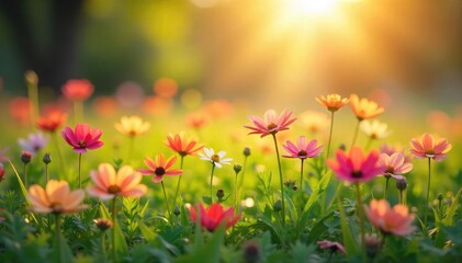 Obraz premium Vibrant wildflowers in a lush meadow bathed in the warm glow of spring sunshine Perfect for themes of renewal, growth, and the beauty of nature's awakening , purple, natural, spring landscape