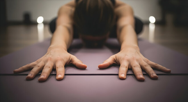 Woman doing Child Pose Yoga Closeup Fitness Wellbeing