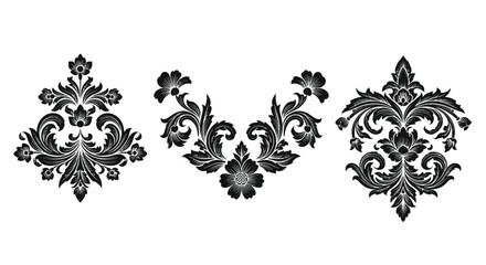 Elegant ornate damask flourish designs featuring swirling leaves and floral motifs vector