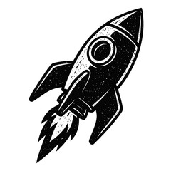 Dynamic vintage distressed black and white rocket launch illustration, capturing a monochrome spacecraft soaring skyward with powerful exhaust, a classic symbol of space exploratio