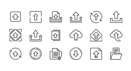Collection of upload and download icons representing file transfer and data cloud storage vector