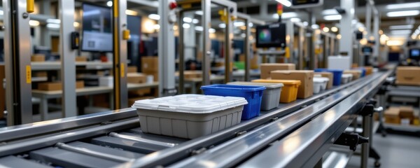 Naklejka premium automated packaging machine in contemporary factory metallic and plastic containers moving on conveyor belts bright reflections on surfaces industrial production atmosphere