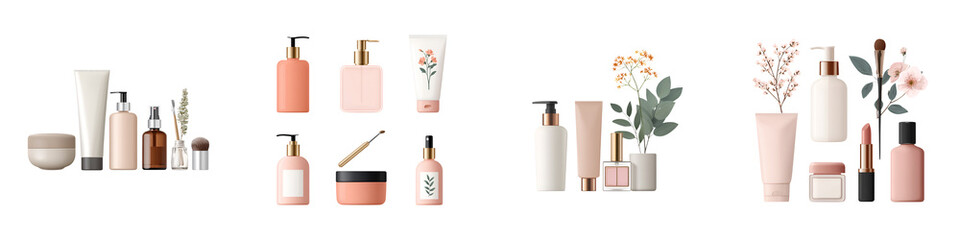 Assorted Beauty and Cosmetic Products on White: Skincare, Makeup, Spa