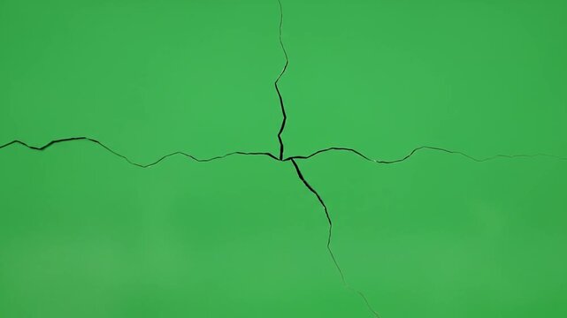 Abstract view of severe, dark cracks spreading across a vibrant green textured surface, highlighting patterns of damage and structural imperfection