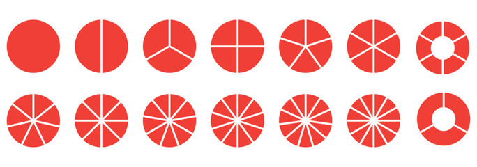 Segments of circle with 1 to 15 pieces. Info graphic icons circles set divided radius in black and white color vector image. Divided circle sections, Black round diagram. Divided circle sections.