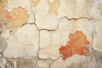 Obraz premium A weathered exterior wall showcases deep cracks and peeling paint in muted beige, cream, and orange tones.