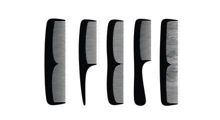 Five black combs arranged in a row for hair styling and grooming needs vector