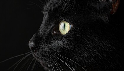 A captivating close-up profile of a sleek black cat, its luminous green eye piercing through the deep shadows, creating an enigmatic and striking visual