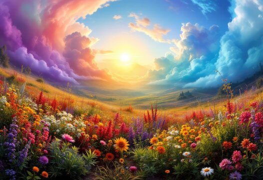 Radiant field of flowers, vibrant clouds