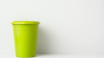 Green plastic trash bin on white background symbolizing waste management, recycling, and environmental responsibility.