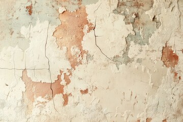 Obraz premium Aged plaster wall with peeling paint and deep cracks displays a textured surface of beige, tan, and rust tones.