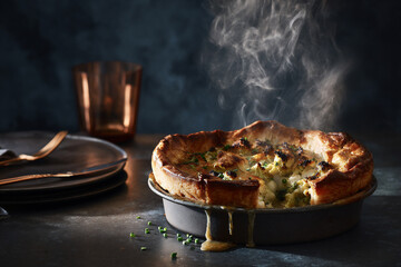 Golden pie with broccoli and cauliflower in a cast-iron dish. Creamy filling and fresh herbs highlight rustic style. Cozy and warm atmosphere