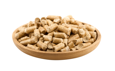 closeup wood pine pellet for pet litter or bed in wooden bowl cutout